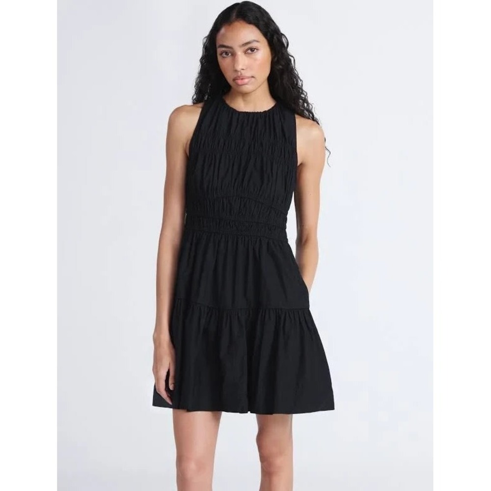 Free Assembly Mini Dress Sz M Black Cotton Poplin Sleeveless Smocked Tiered